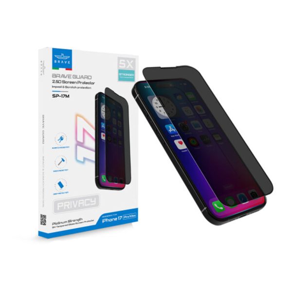 Brave iPhone 17 Pro Max Privacy Tempered Glass Screen Protector - 9H Hardness, Full Coverage - Privacy