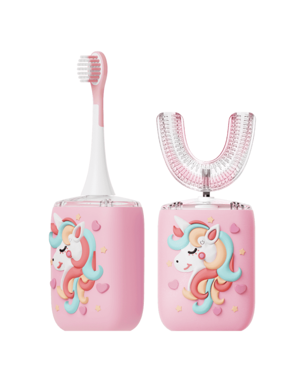 Moxedo Kids 2 in 1 U- Shaped Electric Toothbrush, 2 Brush Heads/ 2 U-Shape Brush Head, 360 Dental Oral Cleaning, 5 Ultrasonic Smart Modes, IP64 Waterproof Auto Toothbrush for Toddler- Pink