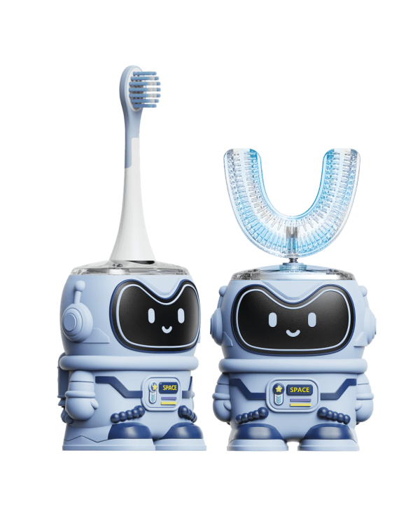 Moxedo Kids 2 in 1 U- Shaped Electric Toothbrush, 2 Brush Heads/ 2 U-Shape Brush Head, 360 Dental Oral Cleaning, 5 Ultrasonic Smart Modes, IP64 Waterproof Auto Toothbrush for Toddler- Blue