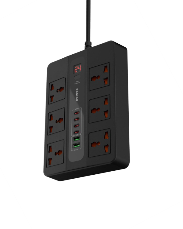 Porodo 6 AC 2 USB-A 24W & 4 USB-C PD 36W Multi-Port Super Hub 3M 3000W UK - Black